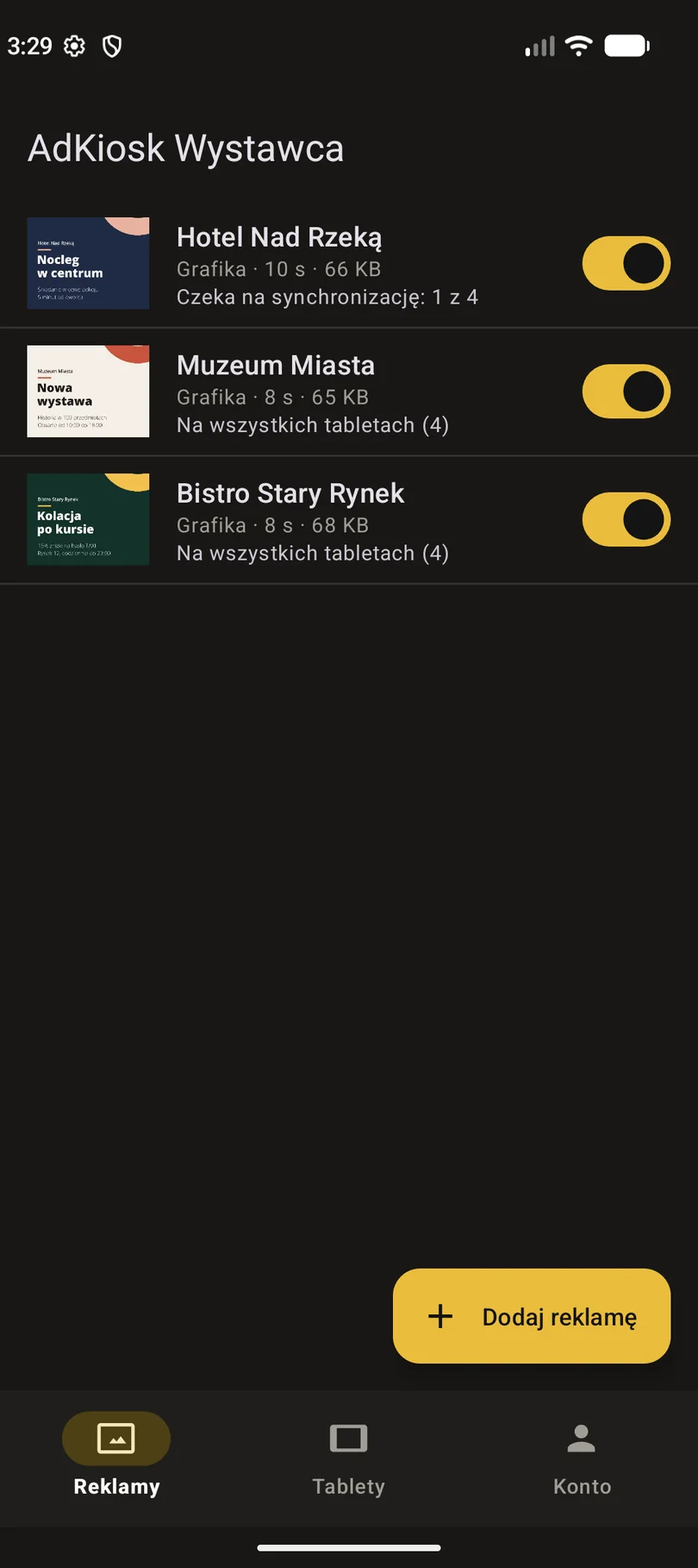Lista reklam w aplikacji ScreenTaxi Wystawca