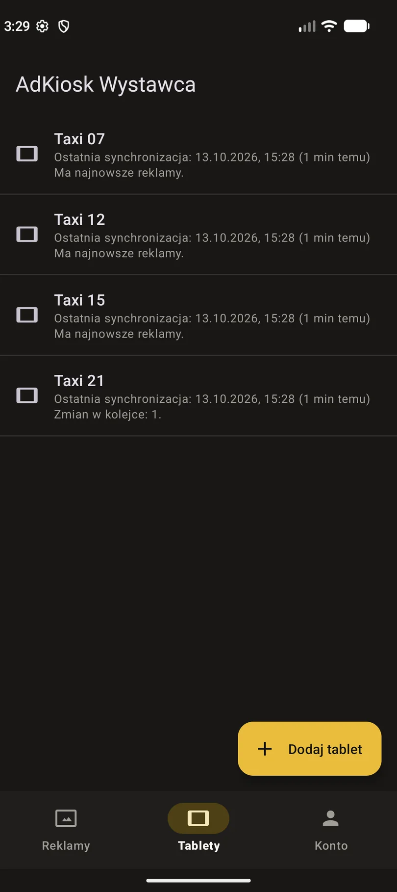 Lista tabletów z datą ostatniej synchronizacji
