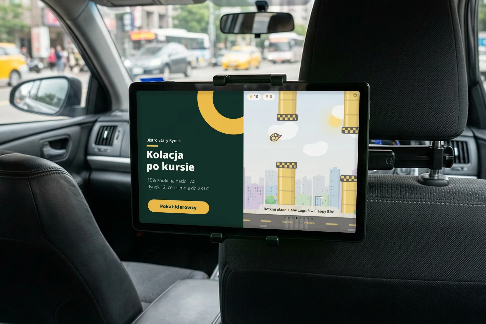 Tablet za zagłówkiem w dzień: jasny motyw aplikacji
