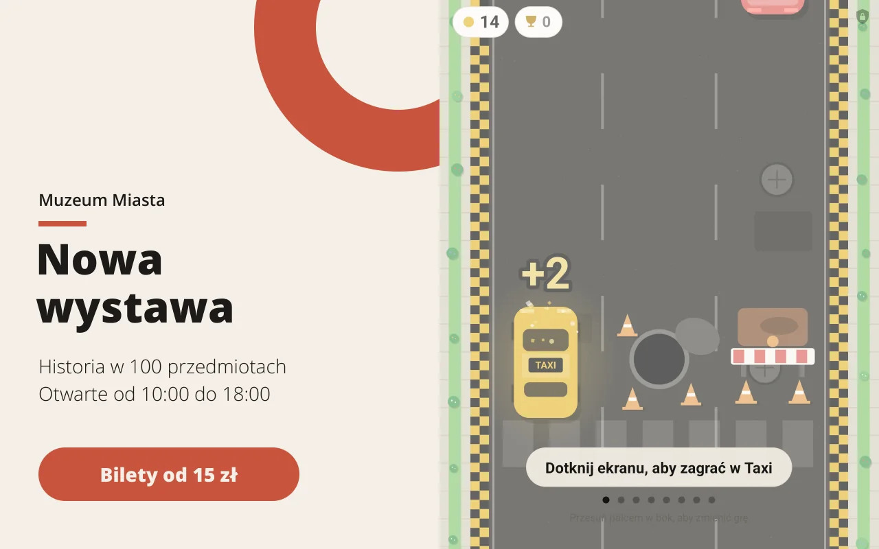 Tablet wyświetla reklamę muzeum obok gry Taxi
